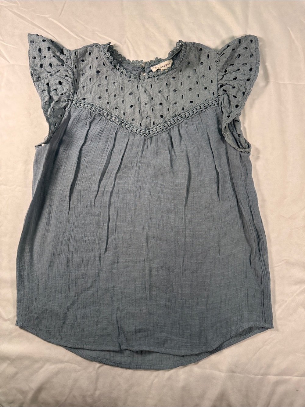 Blu Pepper Dusty Blue Eyelet Flutter Sleeve Blouse